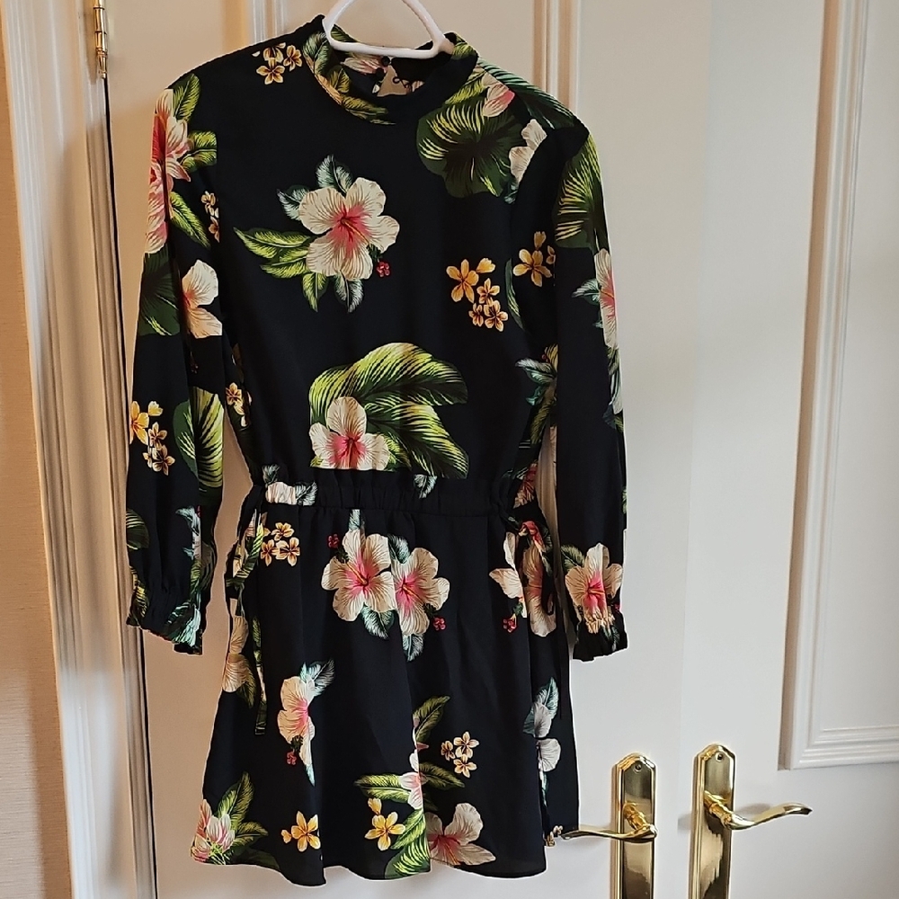 Black Floral Sundress with Shorts Underneath. Pink  Accents and Bishop Sleeves
